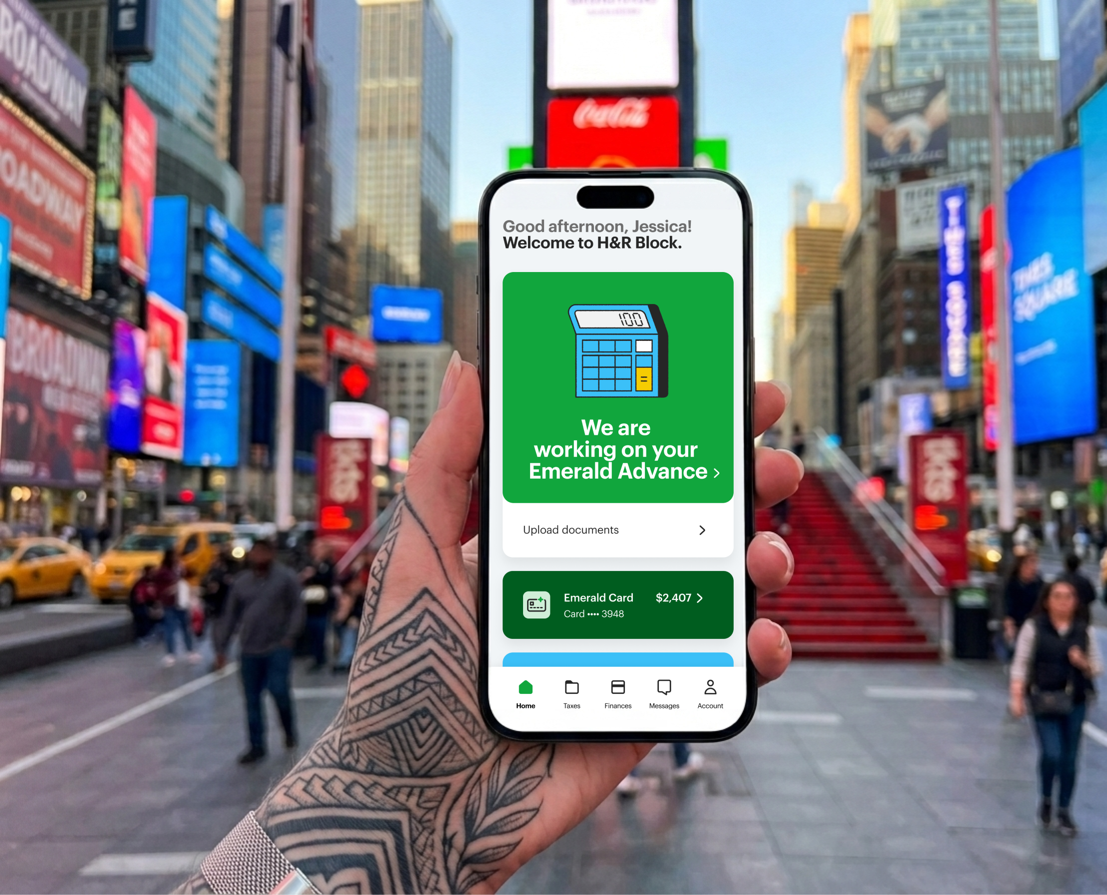MyBlock Emerald Advance hero — phone in Times Square