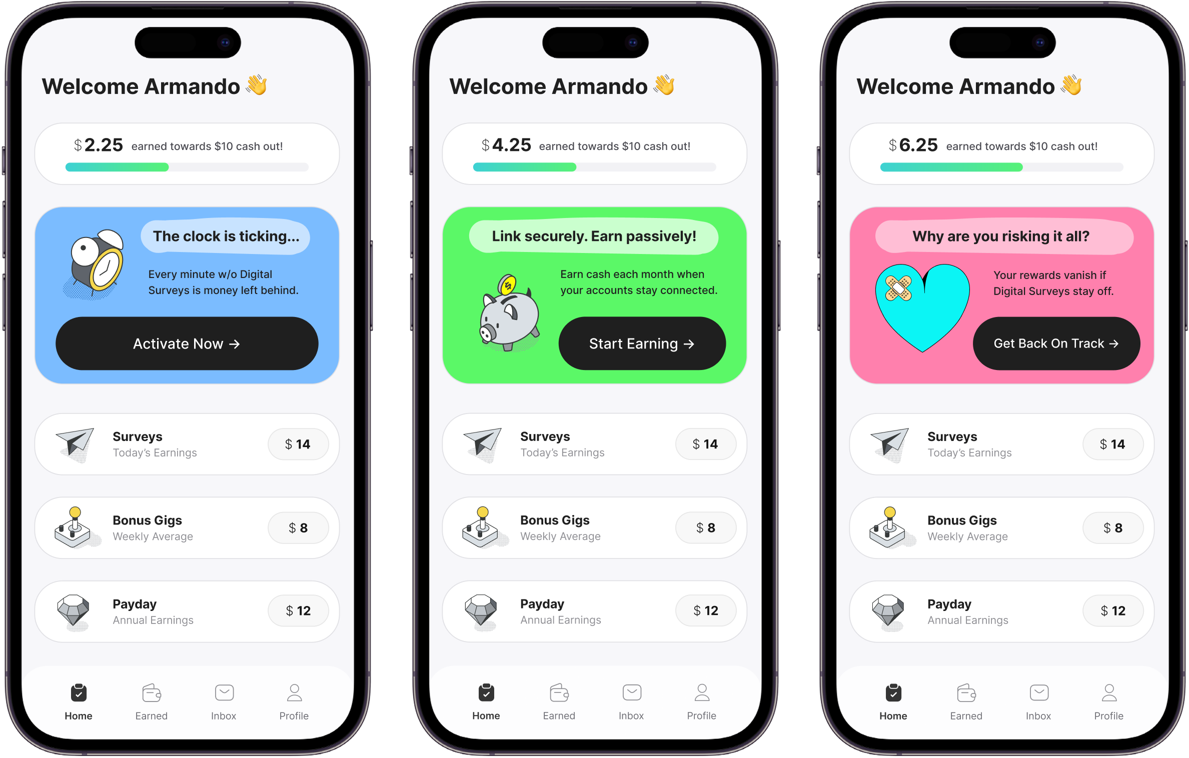 Surveys on The Go CTA card states — activate, link, get back on track