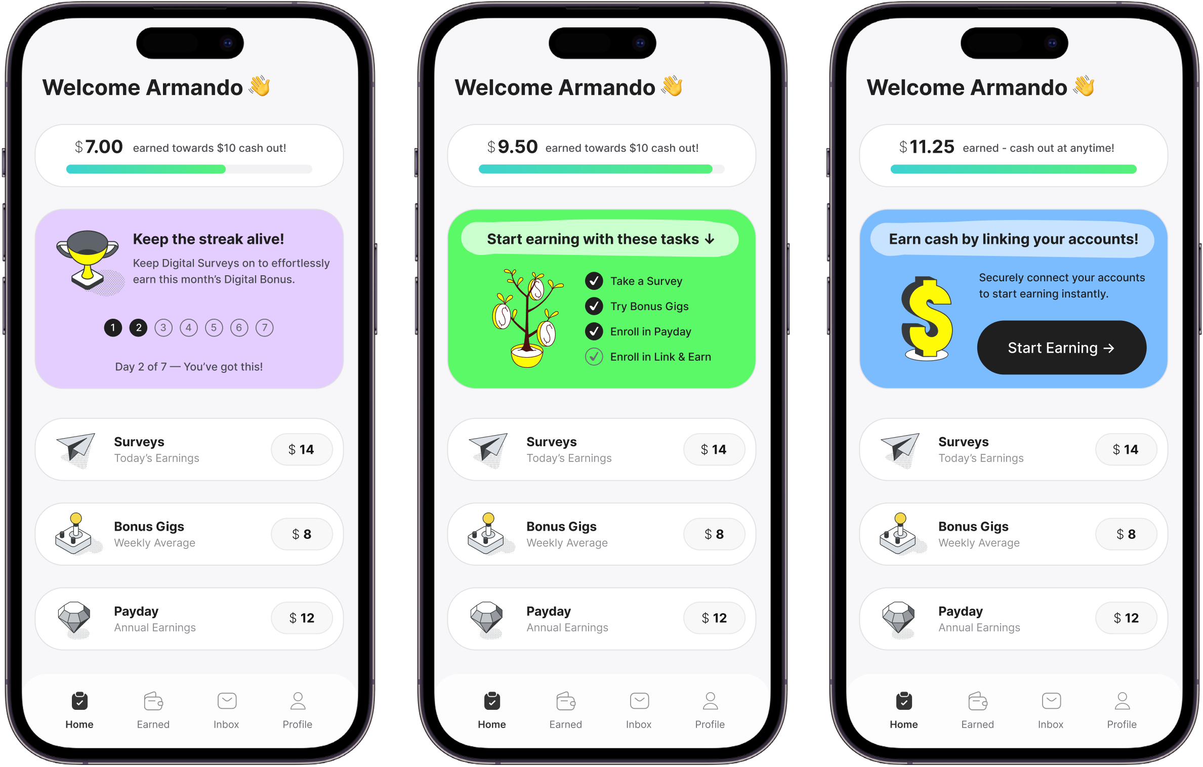 Surveys on The Go mini card states — streak, tasks, link accounts