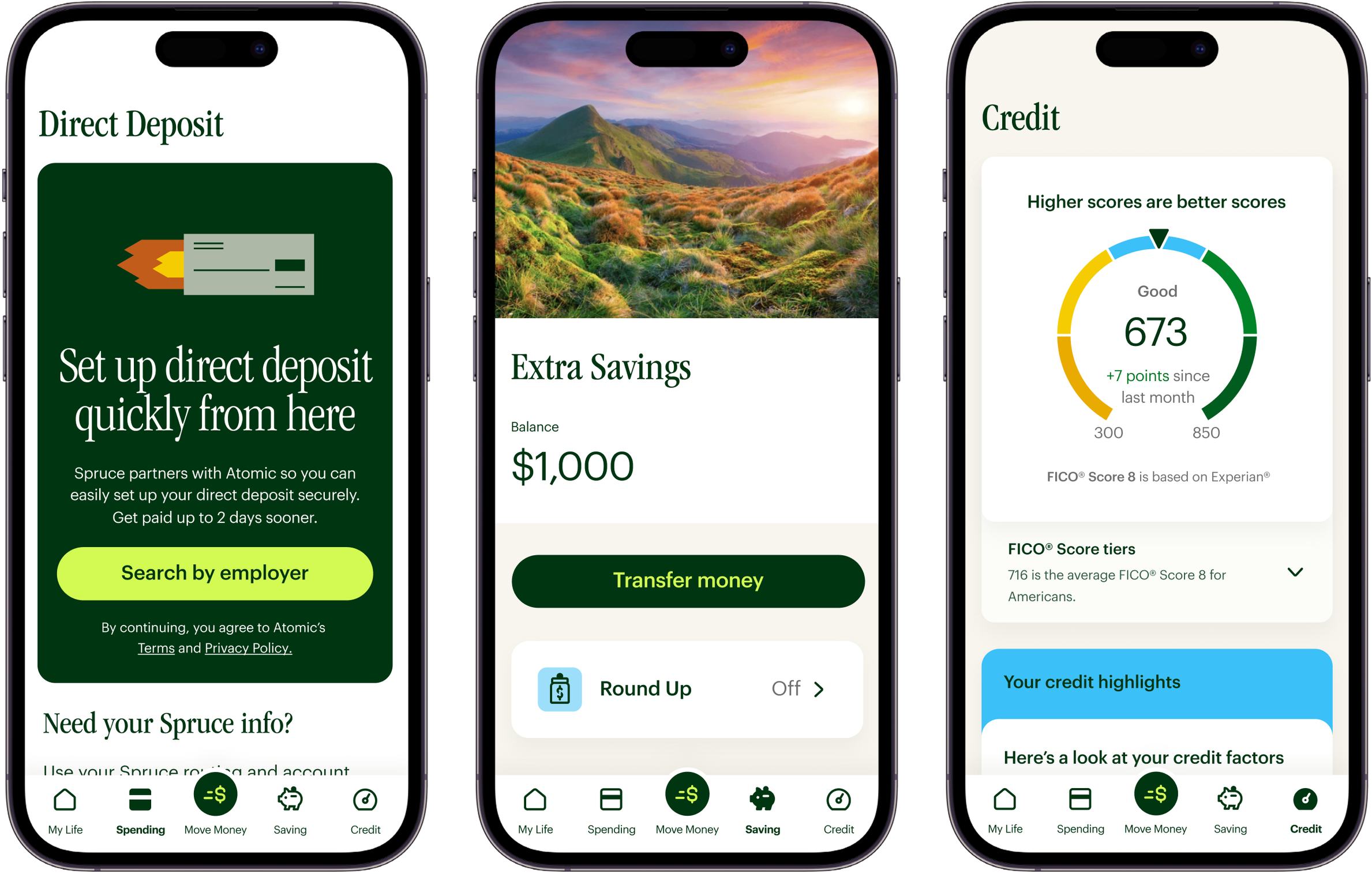 Spruce app screens — direct deposit, extra savings, credit score