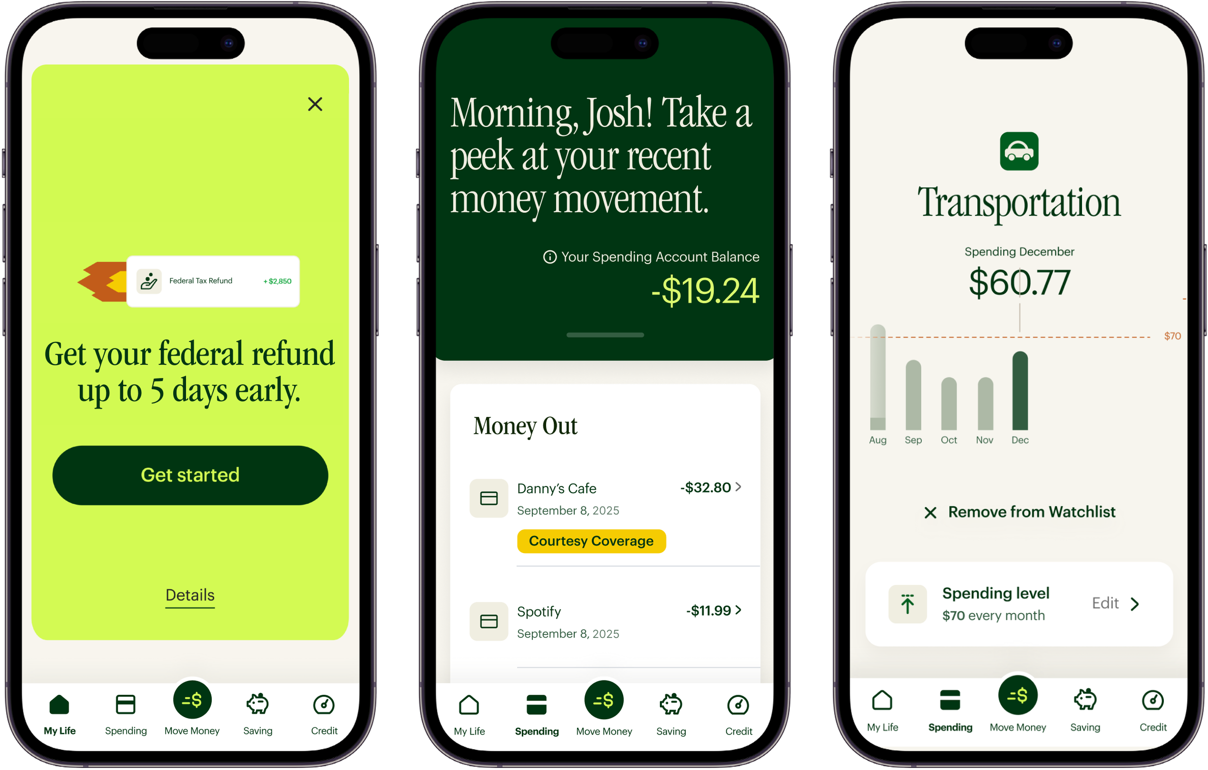 Spruce app screens — federal refund, money movement, transportation spending